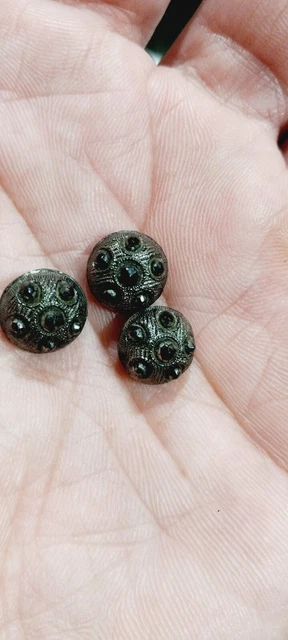 3 Antique Vintage Silver Metal Buttons Black Sparkle 3/8" Solid Heavy