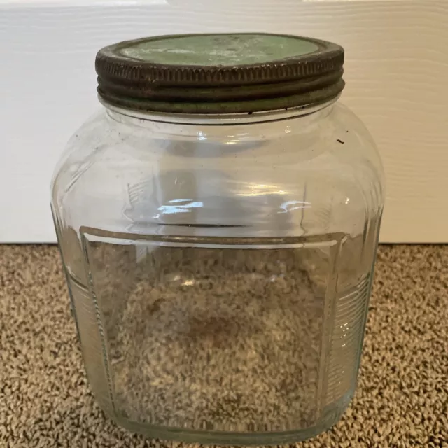 Vintage Ribbed Hoosier Depression Glass Jar Canister Green Screw On Lid 8.25"