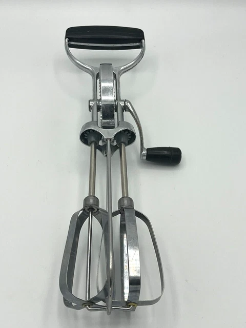 Vintage EKCO Best Egg Beater Hand Held Crank Mixer Stainless Steel Black Handle