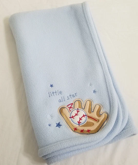 Just One Year Boys Baby Blanket Blue Fleece 28 x 33" Little All Star Baseball