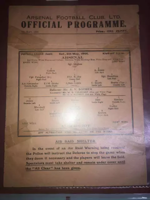 ARSENAL, 1943/1944, a football programme from the fixture versus Aldershot, play