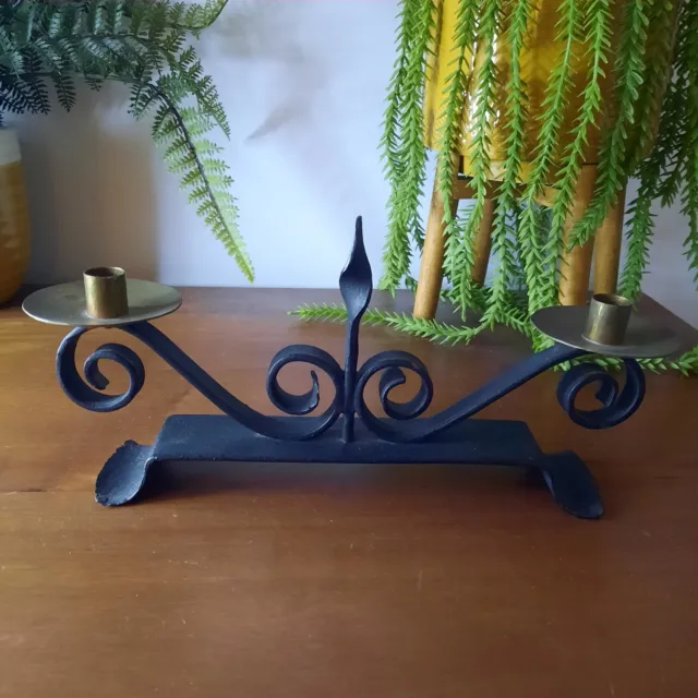 Black Wrought Iron Candle Holder With Brass Fixtures For Two Candles