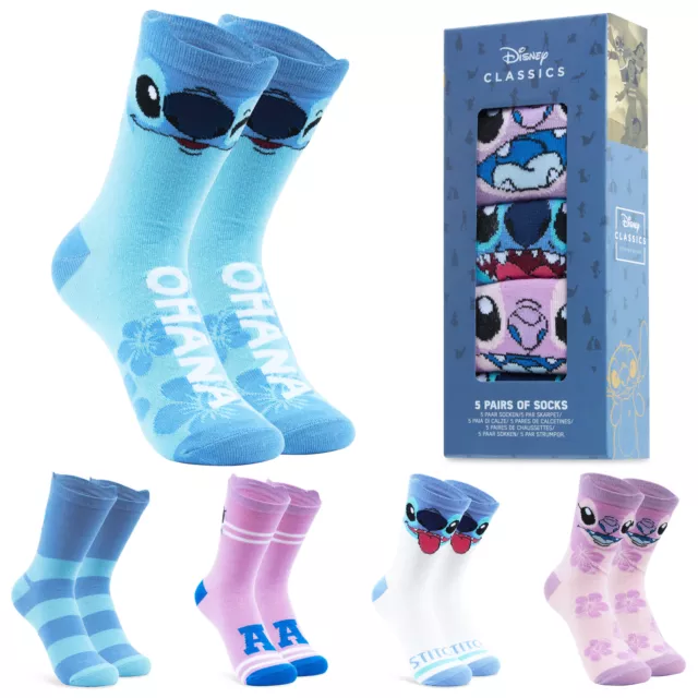 Disney Womens Socks, Stitch 5 Pack Crew Socks, Stitch Gifts (Pink/Blue)