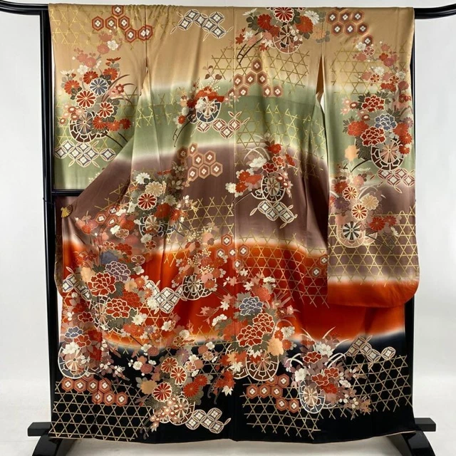 Japanese Kimono Furisode Pure Silk Flower Cart Woven-Bamboo Pattern Vermilion