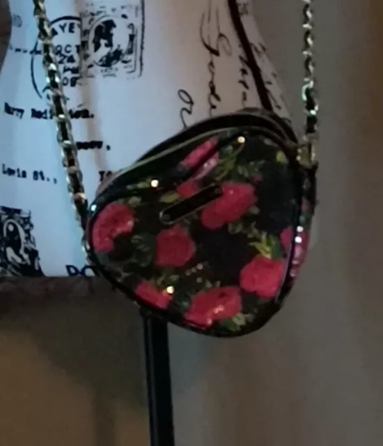 Betsey Johnson Rose Sequin Shoulder Handbag Purse Bag Crossbody Heart Shape