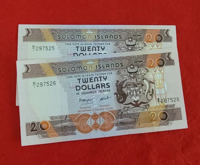 Solomon Islands  $20 - Twenty Dollar Consecutive Pair - crisp aUNC bank notes