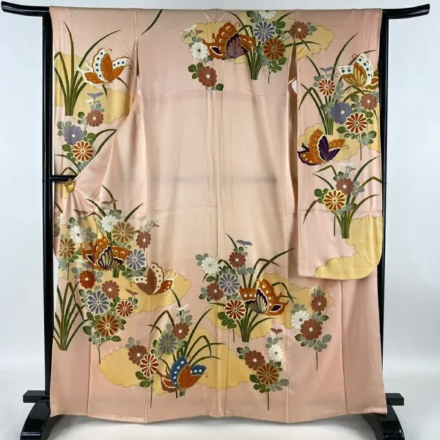 Japanese Kimono Furisode Pure Silk Butterfly Chrysanthemum Gold Thread Pink