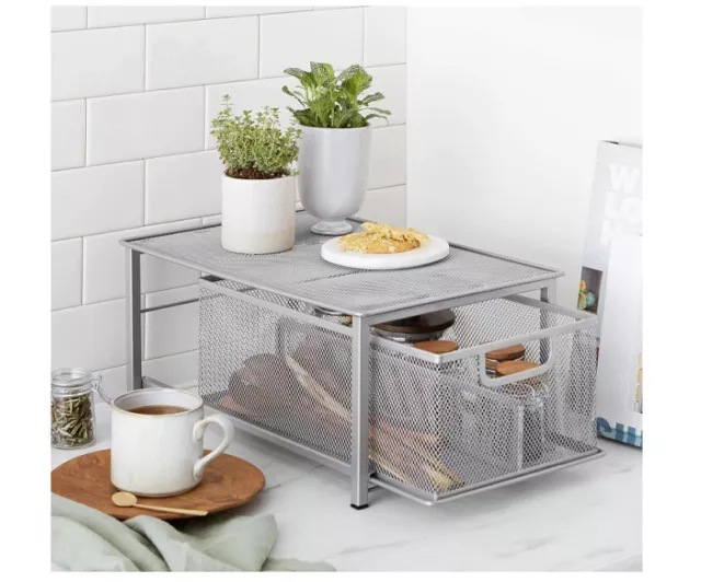 Amazon Basics Mesh Sliding Basket Drawer Storage Shelf Organizer, Silver