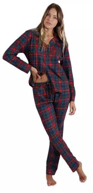 PIGIAMA donna family caldo cotone Invernale aperto avanti Admas tartan Natale