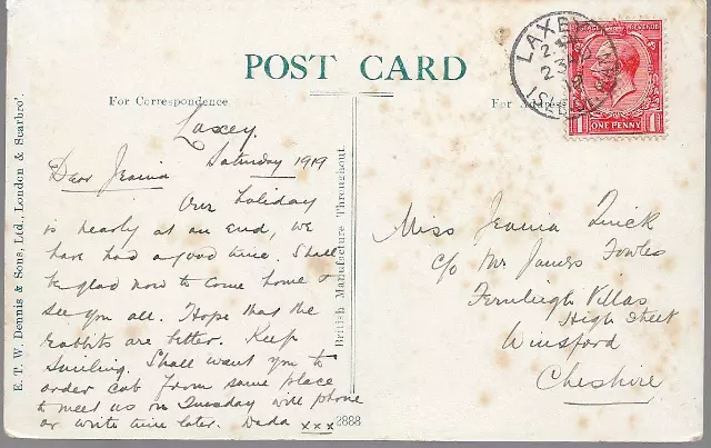 Laxey, Isle of Man - Wheel - Dennis postcard, nice local pmk 1919 2