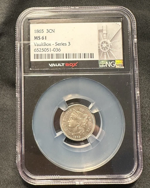 1865 3 Cent Nickel, 3CN, NGC Vaultbox Series 3 w OGP and Goldback. MS61 1865 3 Cent Nickel, 3CN, NGC Vaultbox Series 3 w OGP and Goldback. MS61