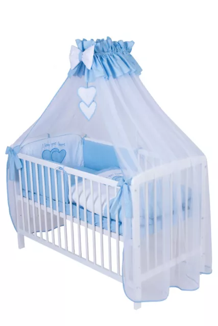 Babybett Jose mit 10-tlg Komplett-Set Bettwäsche Matratze Herzchen Blau Neu