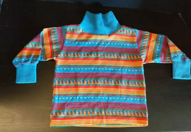 Health Tex Turtle Neck Top 2T Geometric Stripe Red Yellow Blue Vintage USA