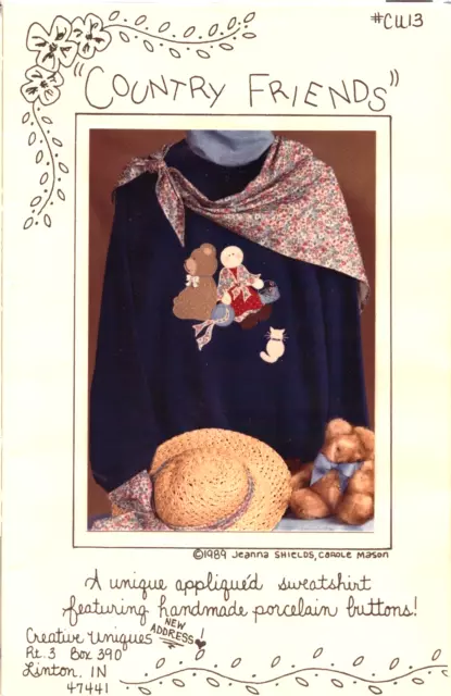 Country Friends ~  Unique appliqued sweatshirt ~ Bear ~ Granny ~ Cat ~ 1987 VINT
