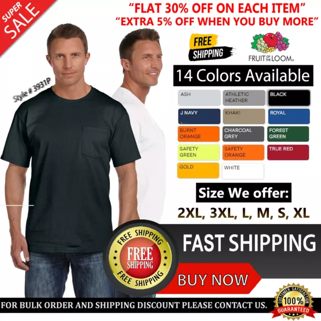 Fruit Of The Loom Mens T-Shirt Blank Cotton Plain Pocket T Shirt - 3931P XL- 3XL