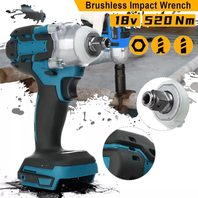 18V 1/2" Cordless Brushless Impact Wrench Gun High Power Driver For Makita