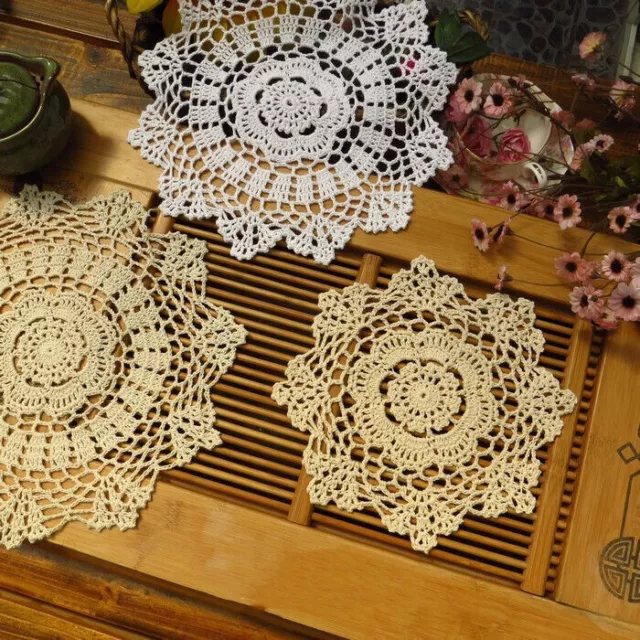 4Pcs Vintage Hand Crochet Lace Doilies Flower Placemats Round Cup Mats Wedding