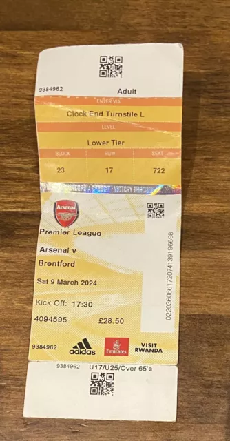 Arsenal V Brentford Premier league Ticket Stub 9th March 2024 (2023/24)