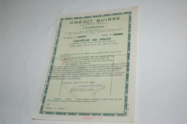 Papier ancien , crédit Suisse , Certificat de dépot , Zurich , 1936 ,Lausanne