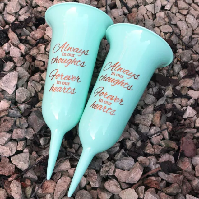 Set of 2 Forever in Our Hearts Fluted Spiked Memorial Grave Cemetery Flower Vase