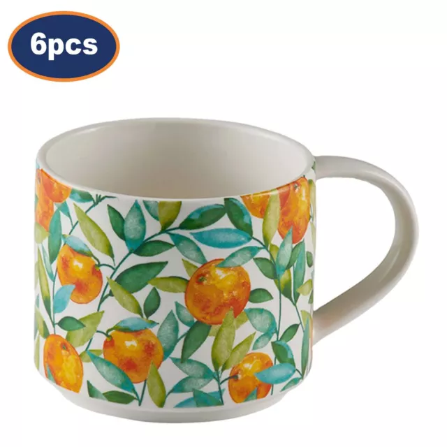 Coffee Mugs Set of 6 Fine China 350ml Orange Trail Design Cups Tea Hot Beverages