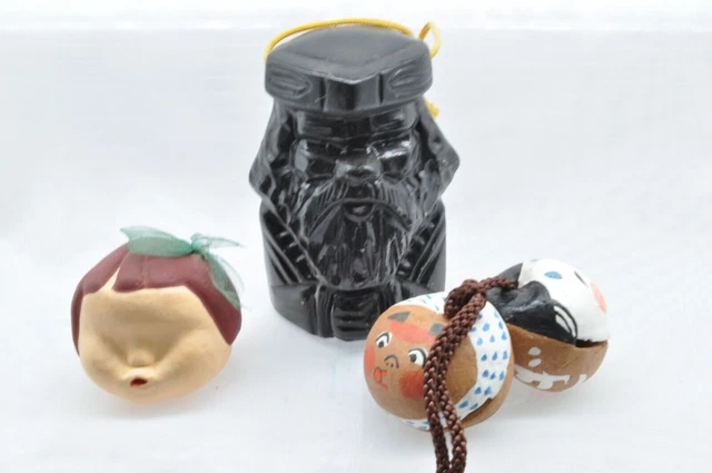 Japanese Clay Bell Ceramic Dorei Vintage old black Ainu Okame Hyottoko girl