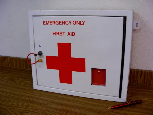 Vintage Industrial Metal First Aid Box-Wall Hung - Lockable+ Key-Emergency Glass