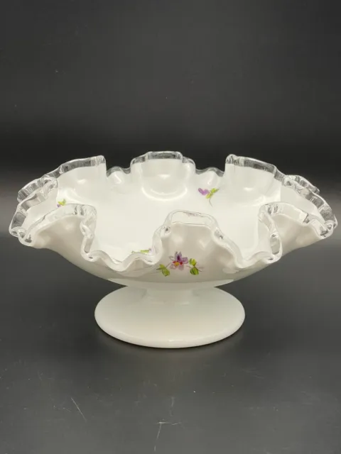 Vintage Fenton Silvercrest Violets in Snow Milk Glass Candy Dish Pedestal Bowl
