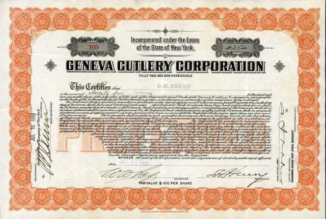 1918 Geneva Cutlery Corp Stock Certificate