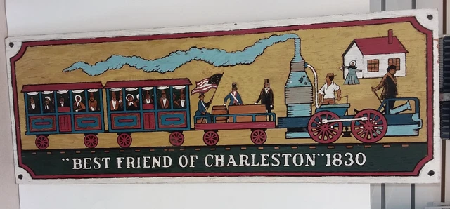 Holzplakette 1830 BEST FRIEND OF CHARLESTON Dampflokomotive VOLKSKUNST Malerei