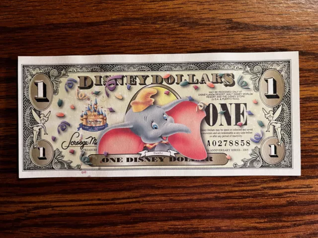2005 Series A $1.00 Disneyland's 50th Anniversary Dumbo Disney Dollar w/barcode