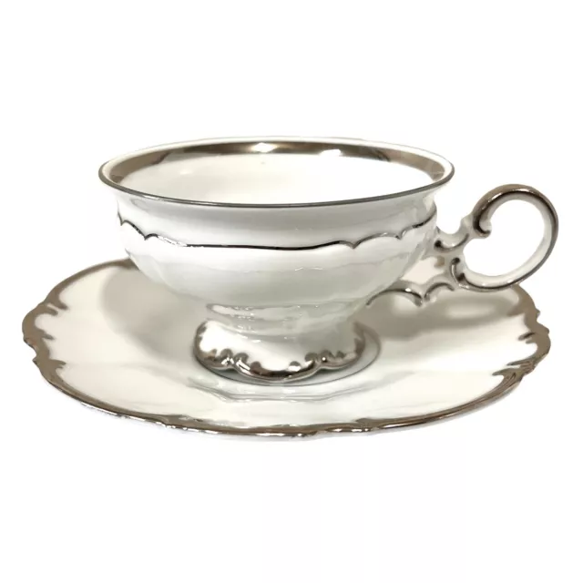 Hutschenreuther Sylvia Revere Platinum Silver Trim White China Cup Teacup Saucer