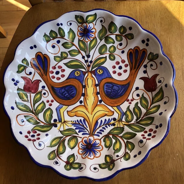 Italian Majolica Pottery Handmade Scalloped Bowl Wall Hanging Painted Birds