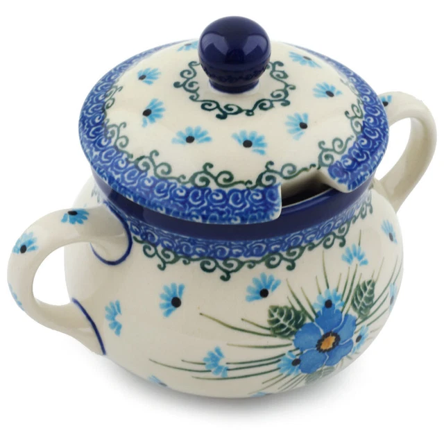Polish Pottery Sugar Bowl 11 oz Ceramika Artystyczna Forget Me Not UNIKAT