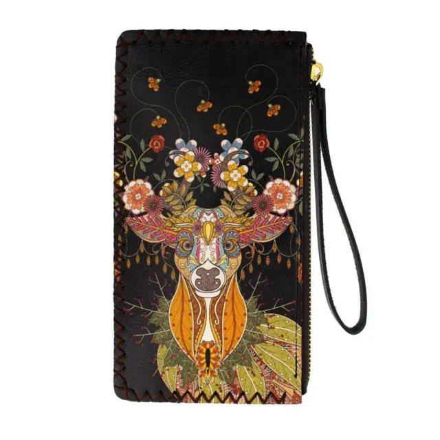 Colorful Floral Deer Design Wristlet Wallet Pouch Vegan Leather Bohemian Style