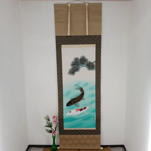 2 Carps Japanese Hanging Scroll Kakejiku Asian Culture Art Painting 177 x 53 cm