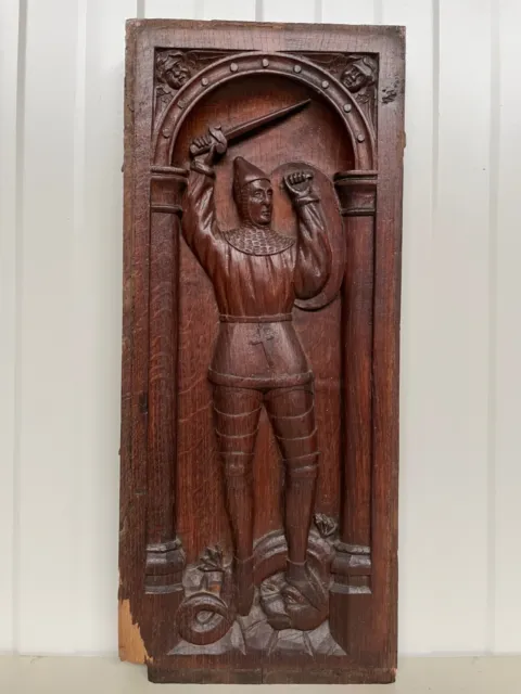Stunning Gothic Revival Saint George & the Dragon panel / Knight in oak 2