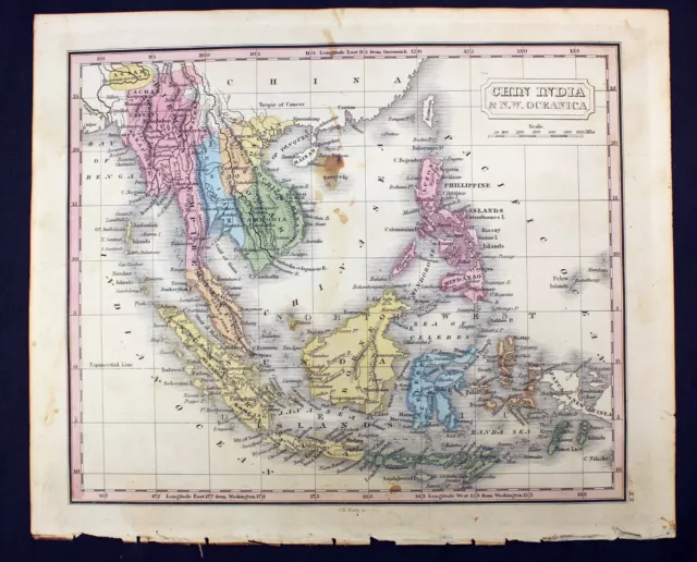 1832 Chin India NW Oceanica M. Malte-Brun Color Map Southeast Asia Indochina