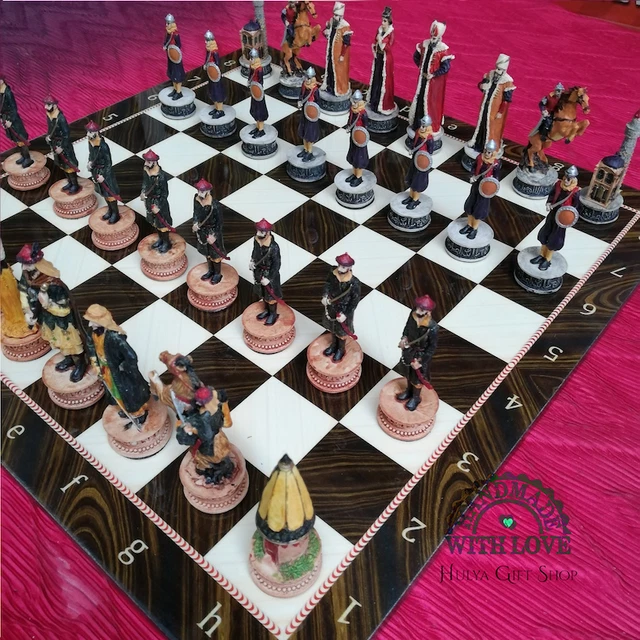 Chess Set Hungarian vs Ottoman Hand Painted Chess Pieces and Walnut Game Board 3