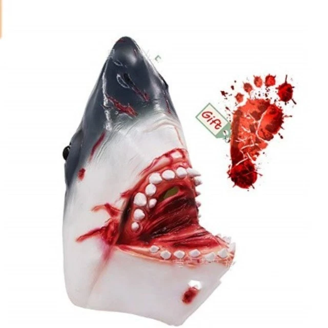 Bloodthirst, human eating, terrifying fangs, shark mask, latex headgear party