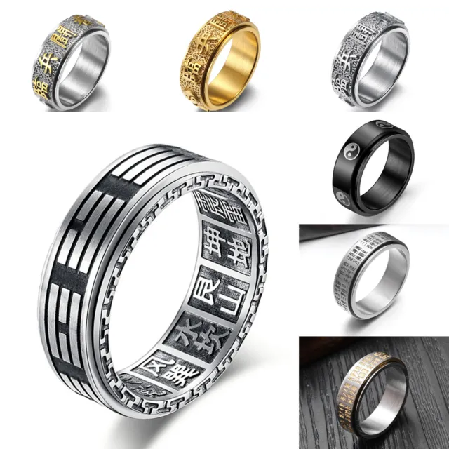 Men Stainless Steel Vintage Yin Yang Tai Chi Amulet Mantra Prayer Rotatable Ring