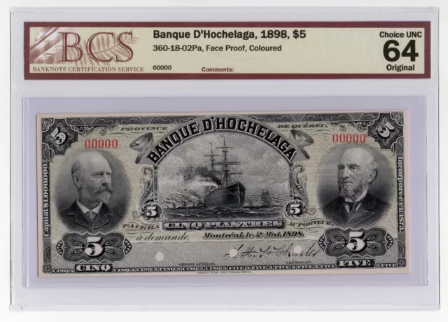 BCS Choice UNC 64---Banque D'Hochelaga, 1898, $5, Face & Back Proof