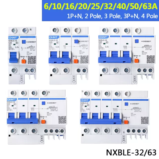 6-63A 2/3/4 Pole 1P+N 3P+N RCD RCBO Residual Current Circuit Breakers Type C NXB