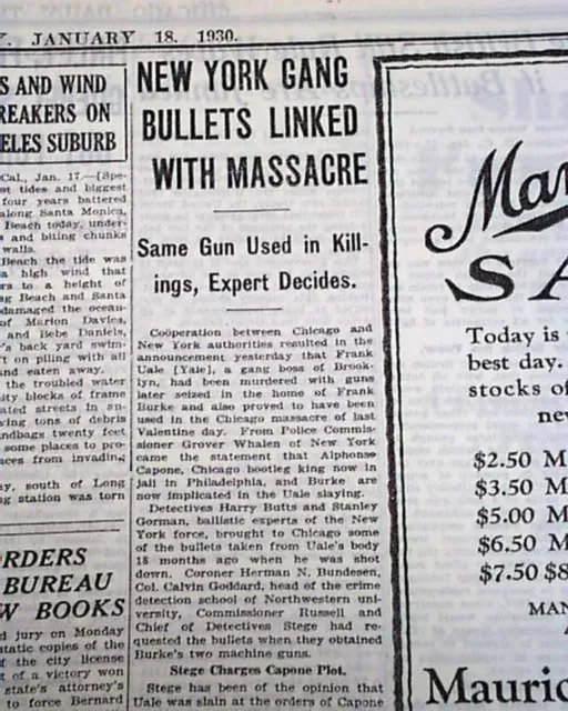 re. ST. VALENTINE'S DAY MASSACRE Probe in NYC - Capone vs. Moran 1930 Newspaper