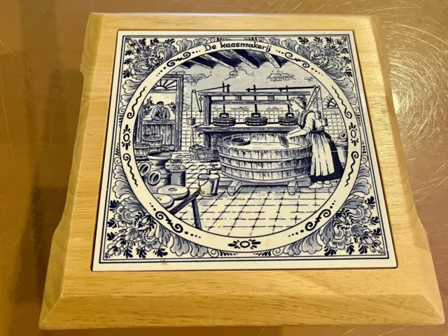 Holland Dutch Porcelain Profession Tile  Delft Blue Cheese maker Wood Trivet