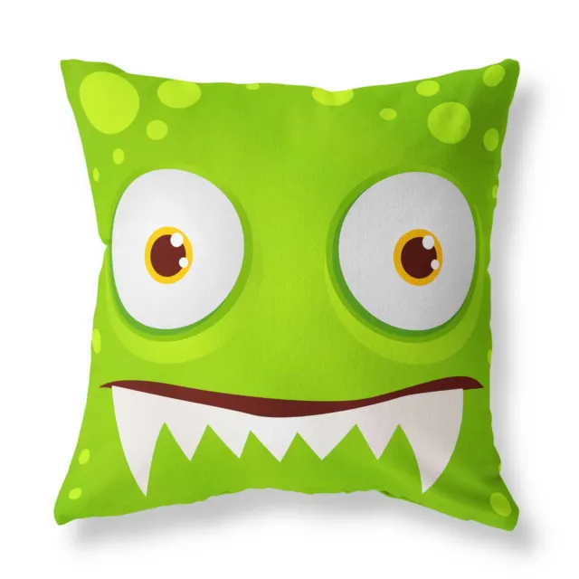 Cute Funny Monster Face FILLED CUSHION Zip Designer Green