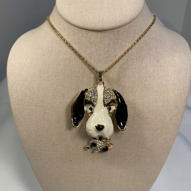 Vtg Betsey Johnson Goldtone ￼Lg Dog Puppy Pave Rhinestone Enamel Necklace - Z