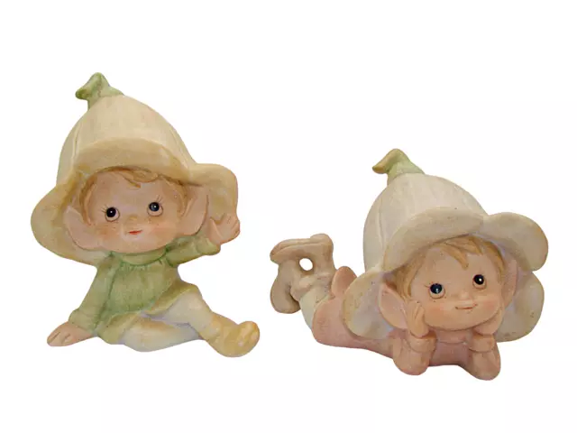 Set 2 Vintage Retired Homco Fairy Elf Gnome Pixie Figurines Garden Plant Decor