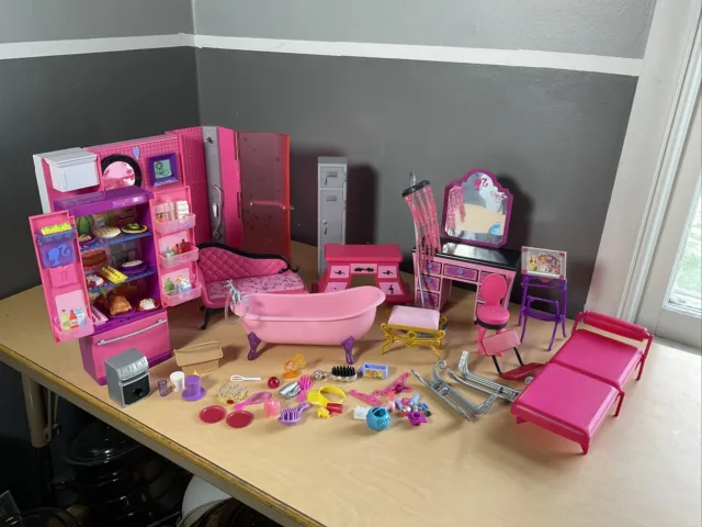 2008 Barbie Glam Dream House Pink Bathtub Tub Toilet Huge Furniture Lot 50+ Pcs