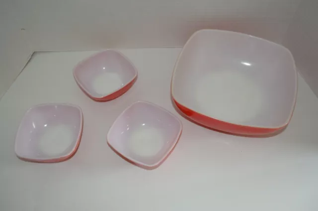 Vintage 4 Pc. Pyrex Square Red Lg. Chip Bowl w/ 3 Matching Smaller Dip Dishes